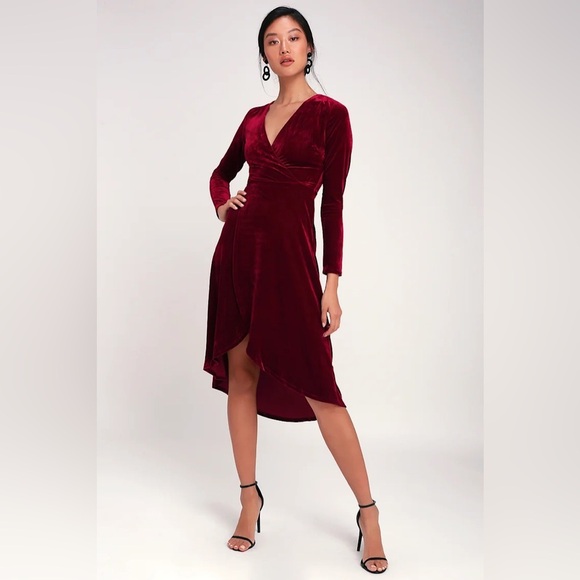 Lulus Silver Screen Burgundy Velvet Long Sleeve Midi Dress Small Holiday Party - Picture 1 of 13